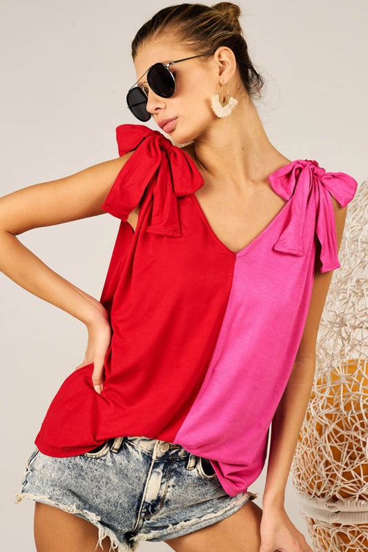 Amara Shoulder Ribbon Tied Contrast Top