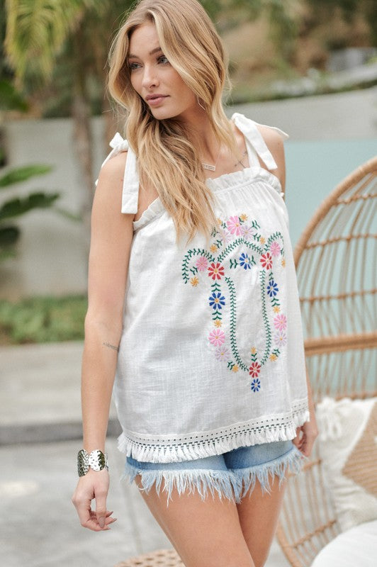 Maya Embroidered Sleeveless Ruffle Tank Top