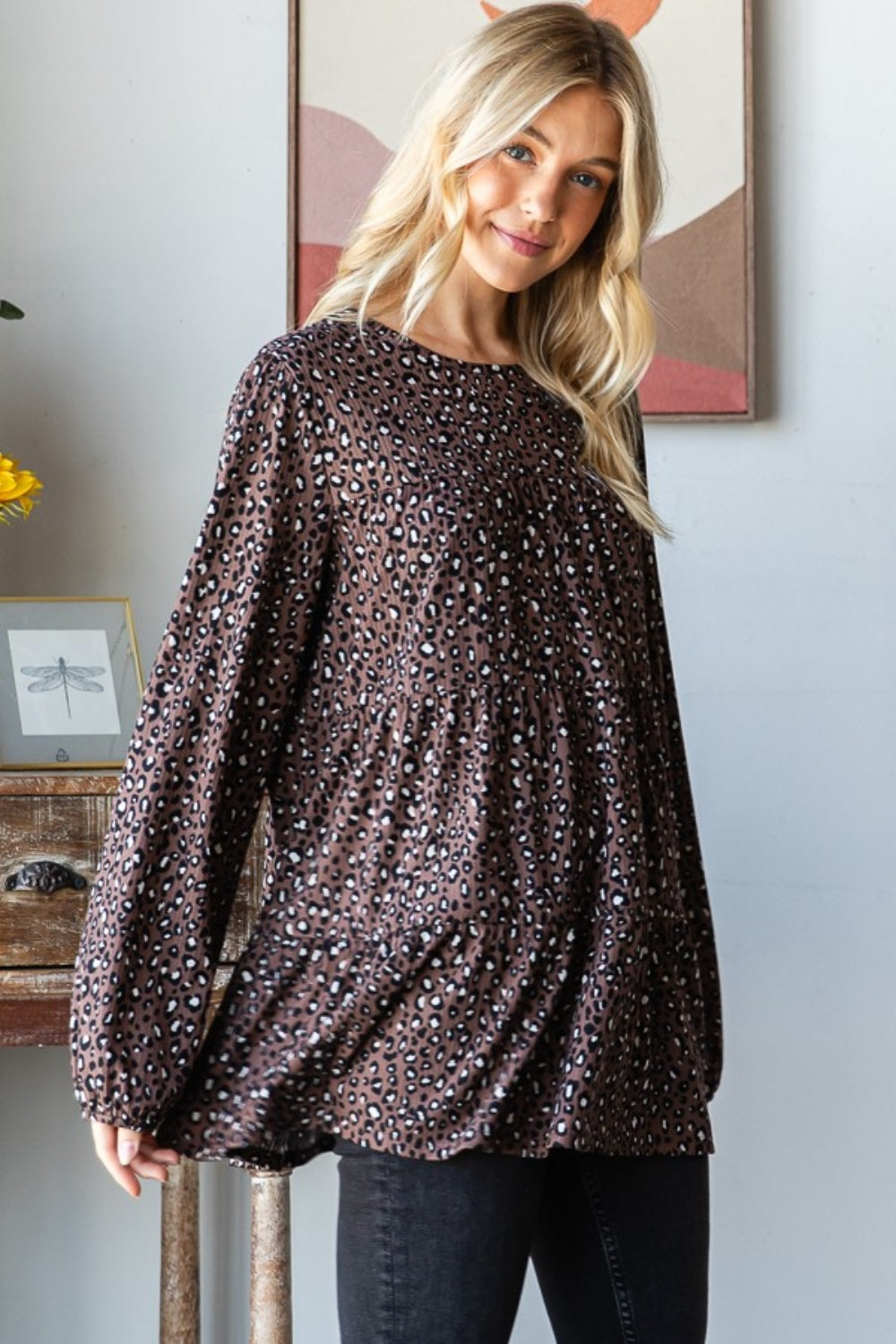 Leopard Long Sleeve Tiered Blouse