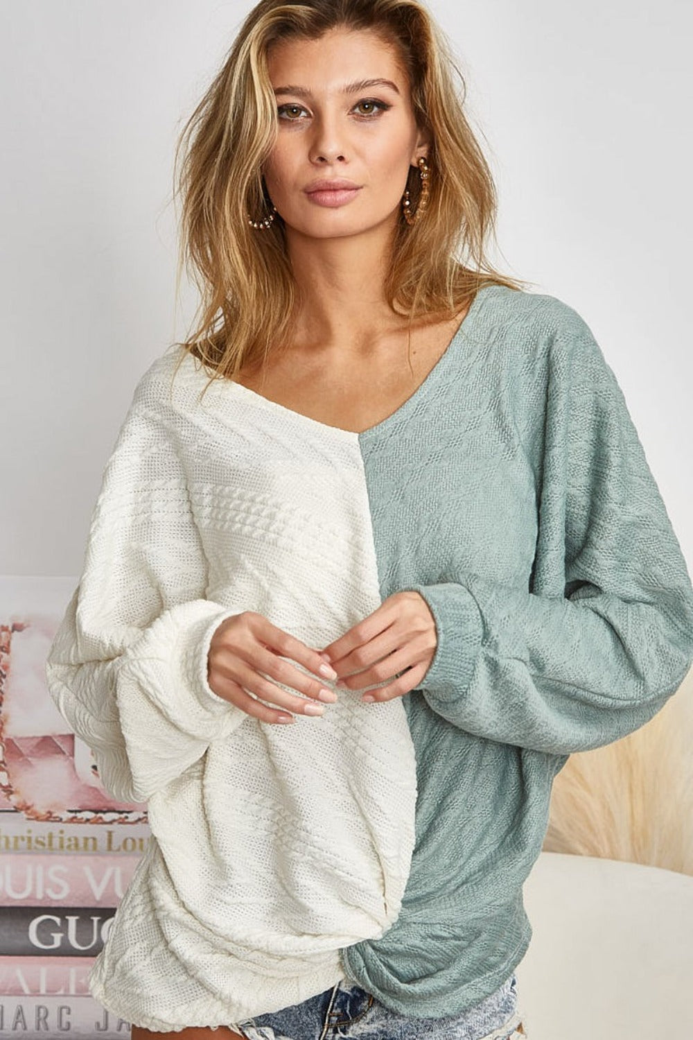 KinsleyTwist Front Contrast Cable Knit Top