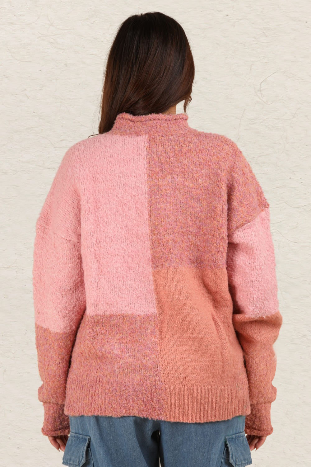 Kathy Color Block Mock Neck Drop Shoulder Sweater in Pink