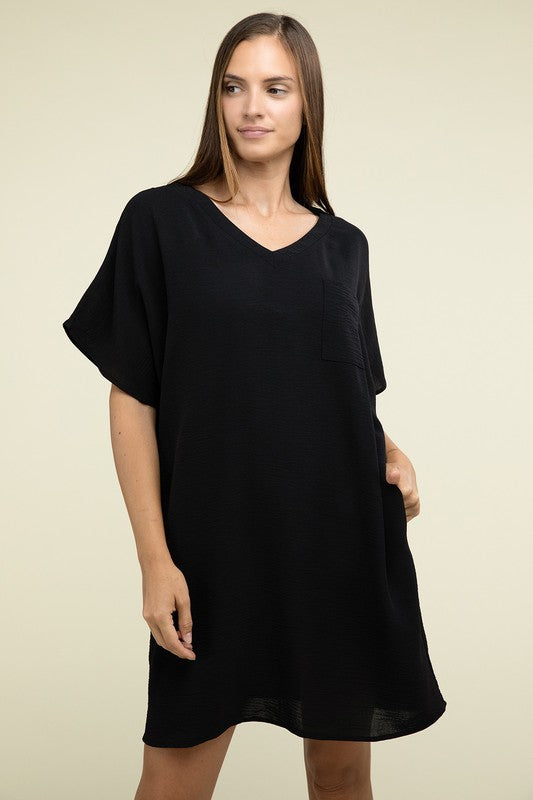 Darcy Woven V Neck T-Shirt Dress with Pockets