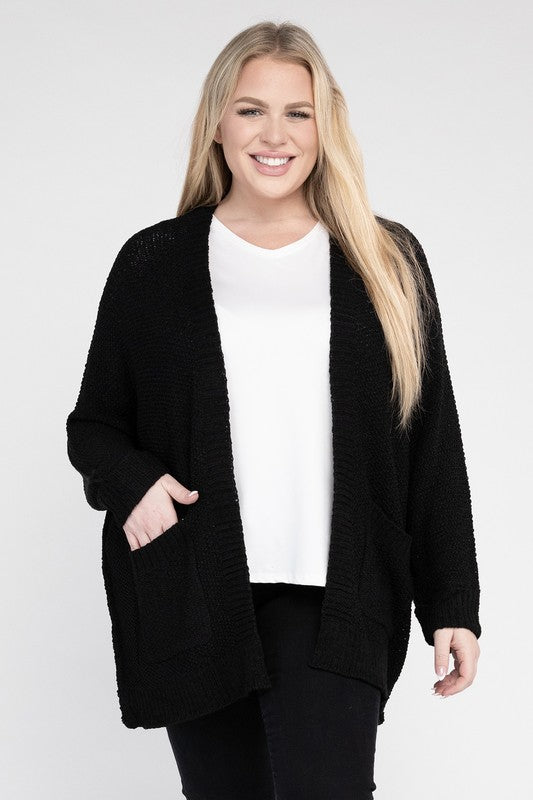 Estella Ribbed Knit Open Front Cardigan Plus