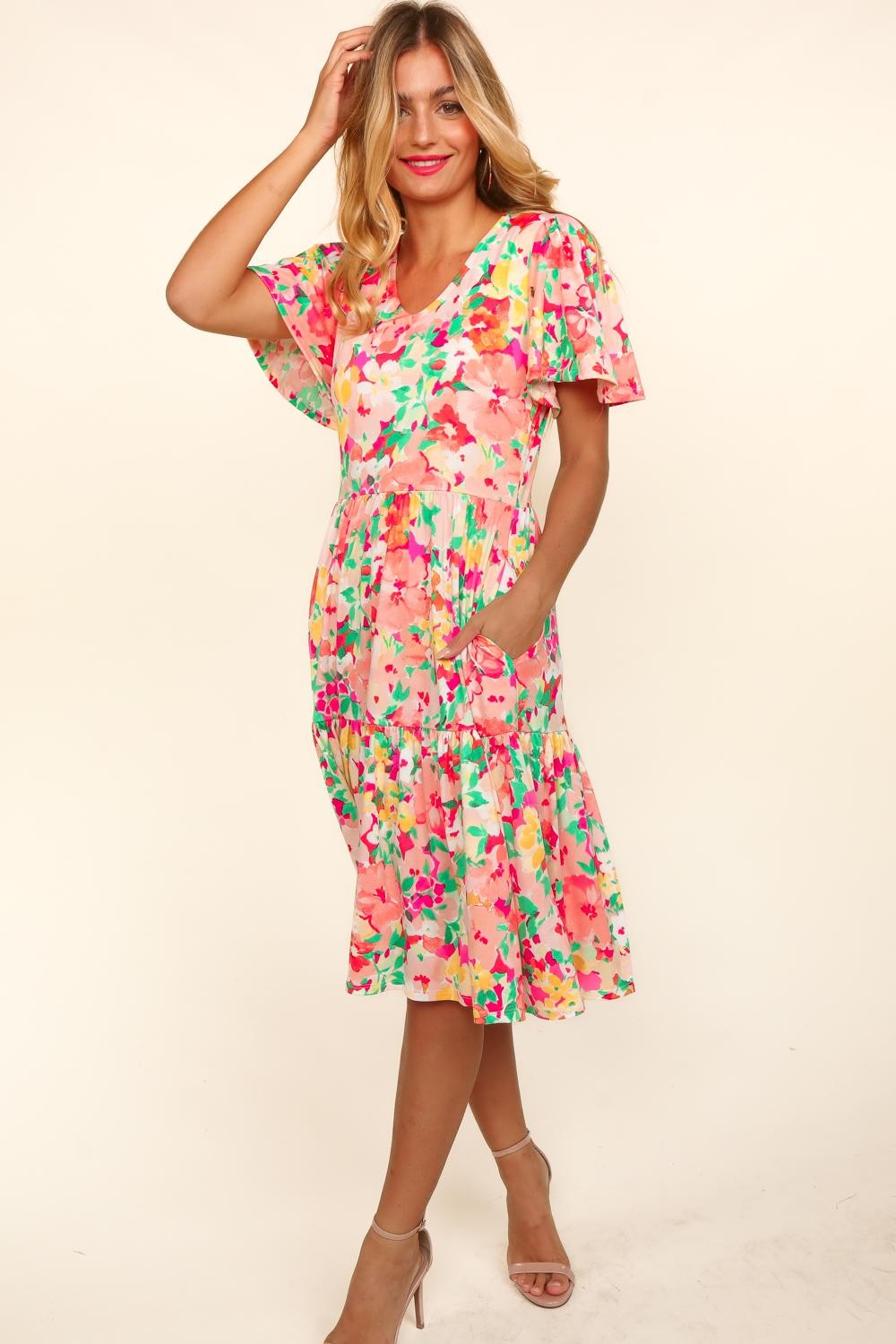 Ashleigh Tiered Floral Midi Dress with Pockets