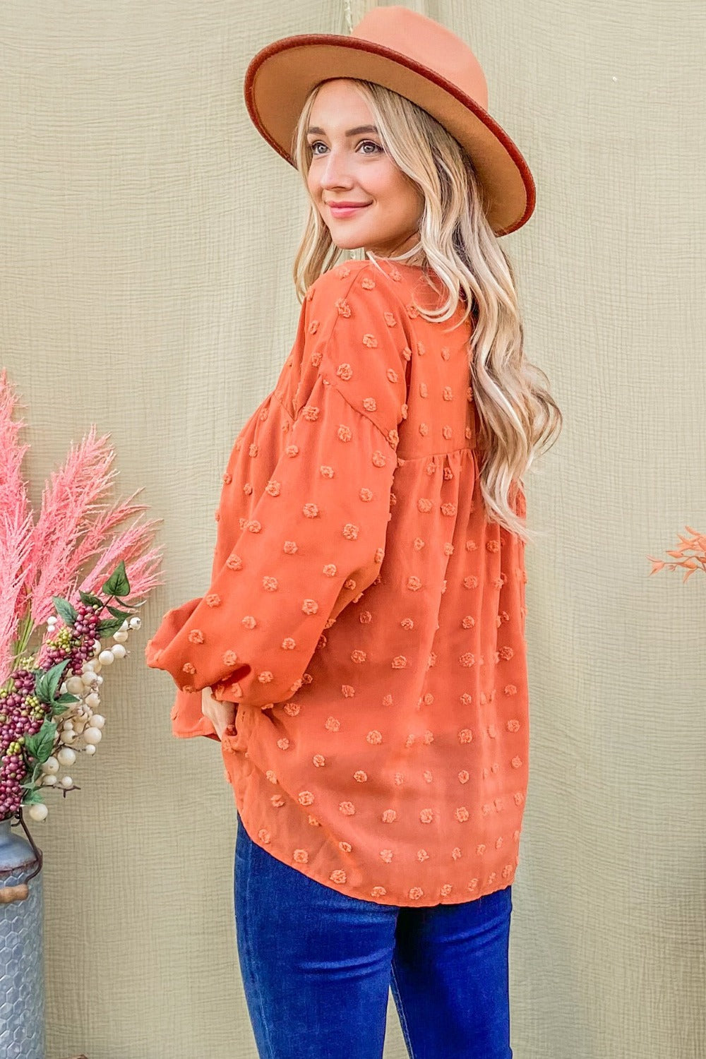 Swiss Dot V Neck Balloon Sleeve Blouse