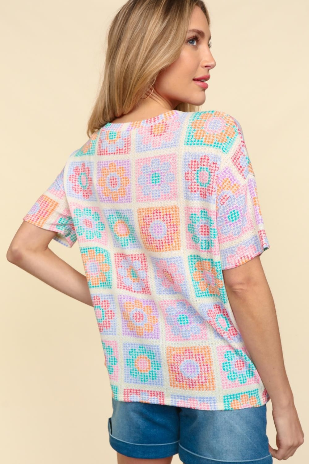 Flower Print Round Neck Short Sleeve Top