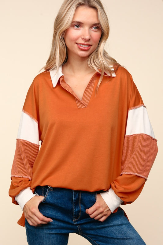 Gibby Color Block Exposed Seam Long Sleeve Top