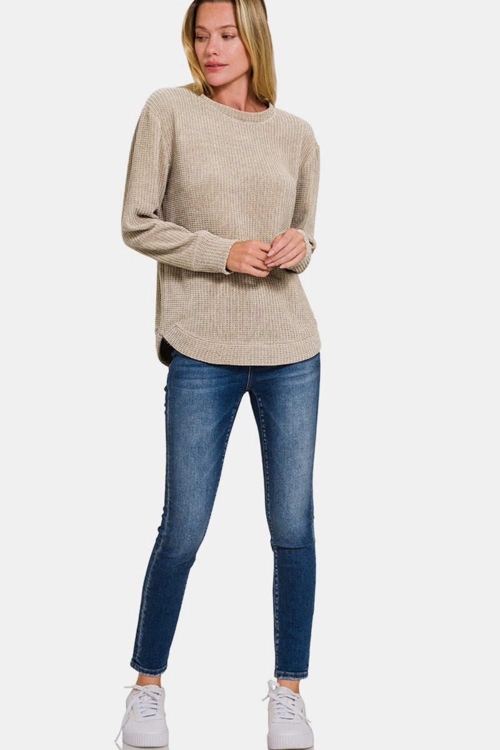 Maddie Chenille Waffle Round Neck Sweater in Ash Mocha