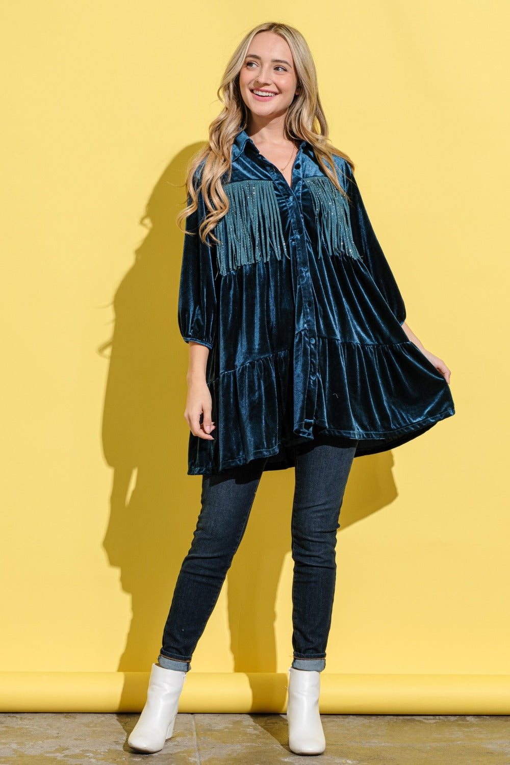 Anya Fringe Detailed Velvet Shirt Dress in Teal