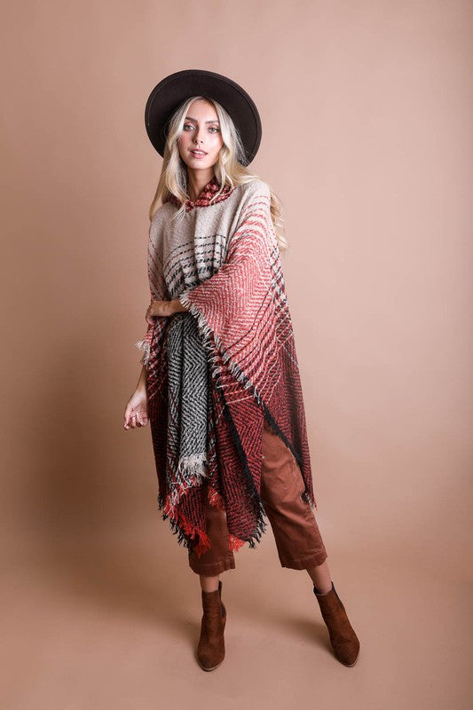 Brisa Herringbone Frayed Poncho