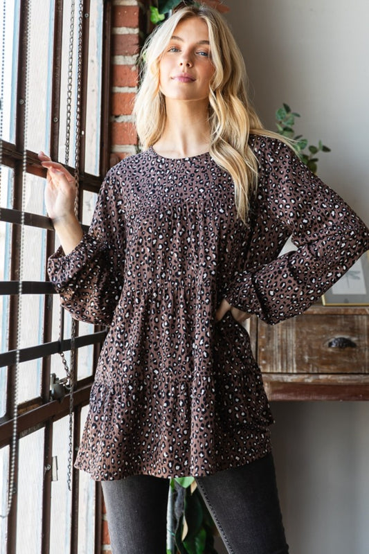 Leopard Long Sleeve Tiered Blouse