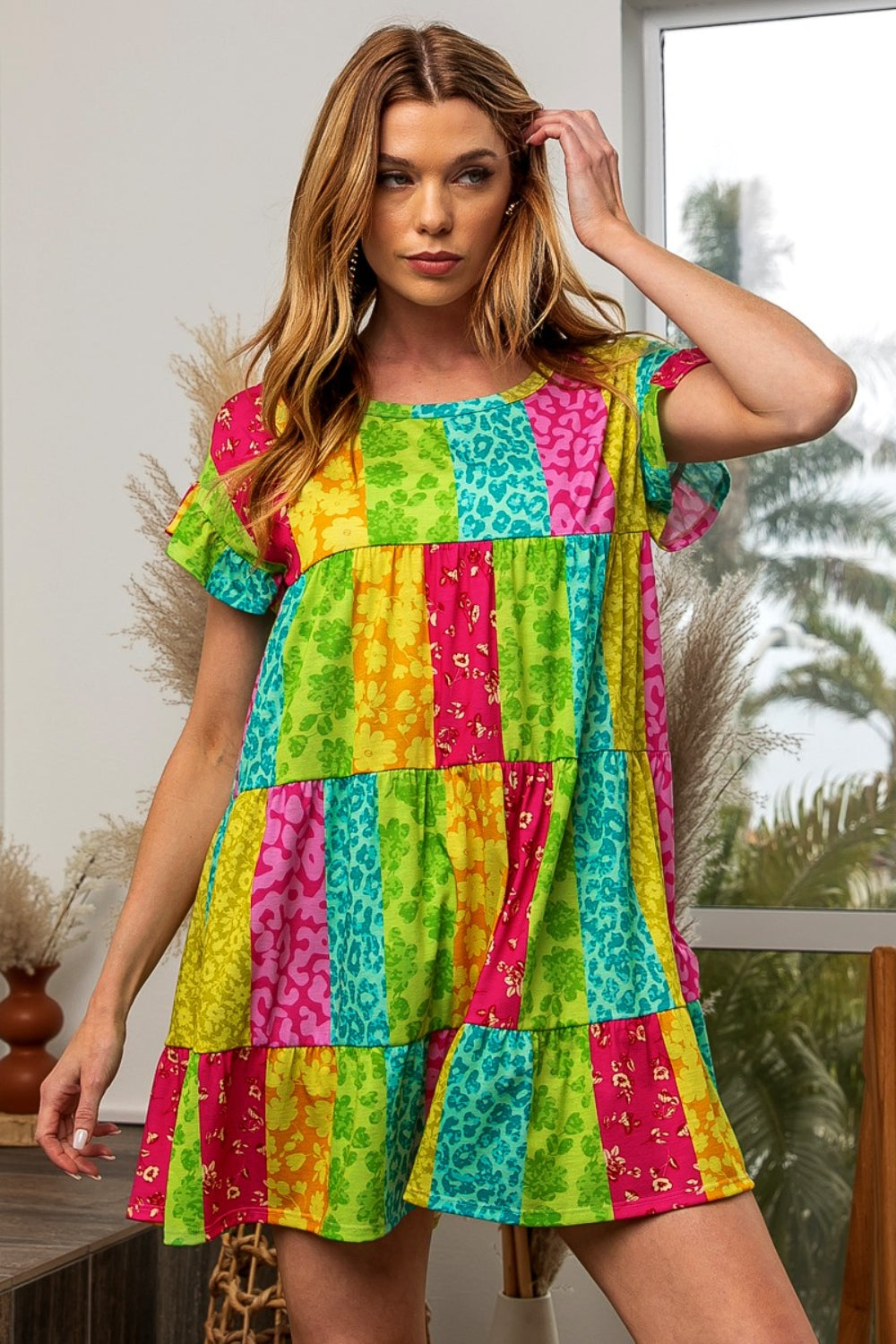 Neon Bright Leopard Tiered Dress