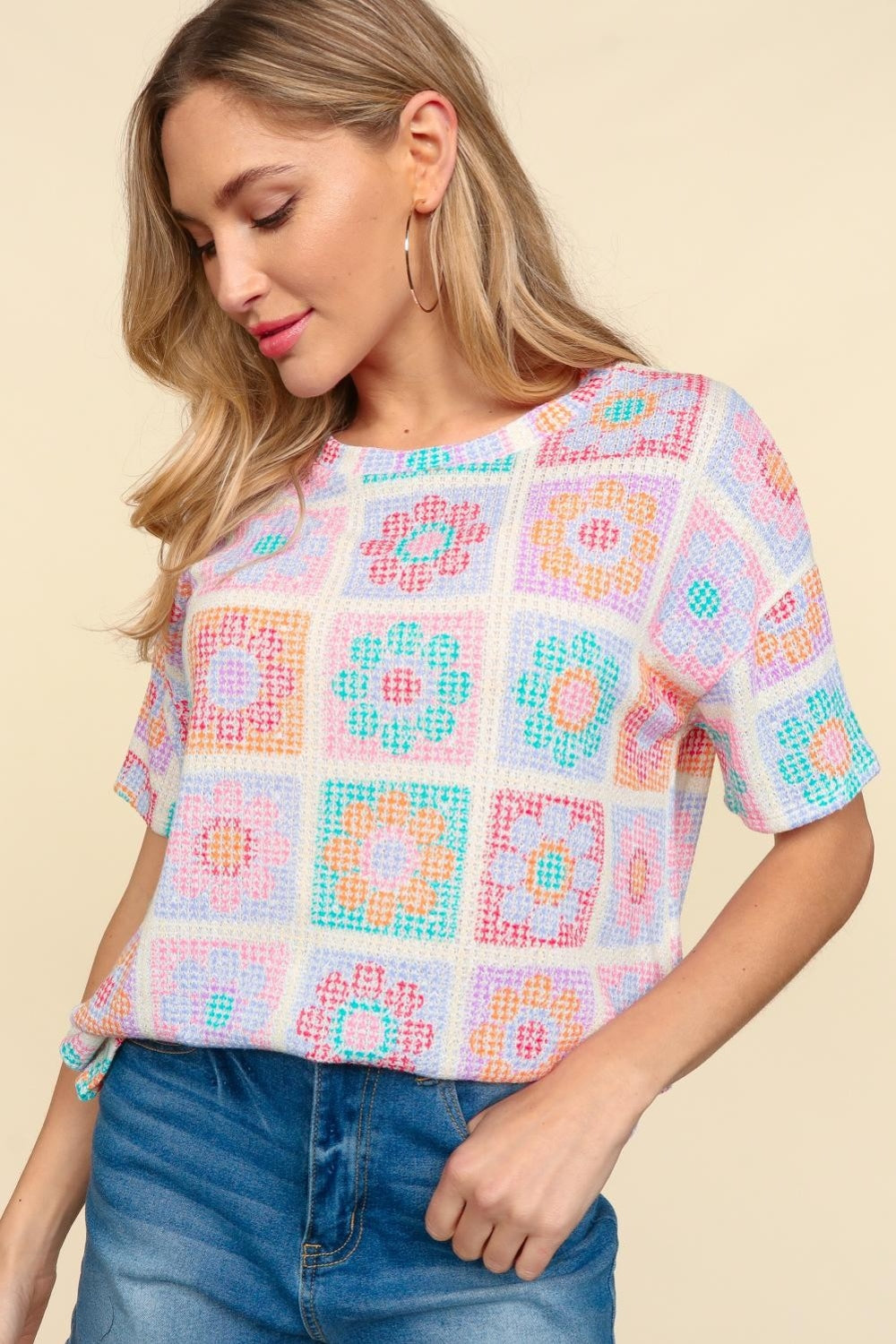 Flower Print Round Neck Short Sleeve Top