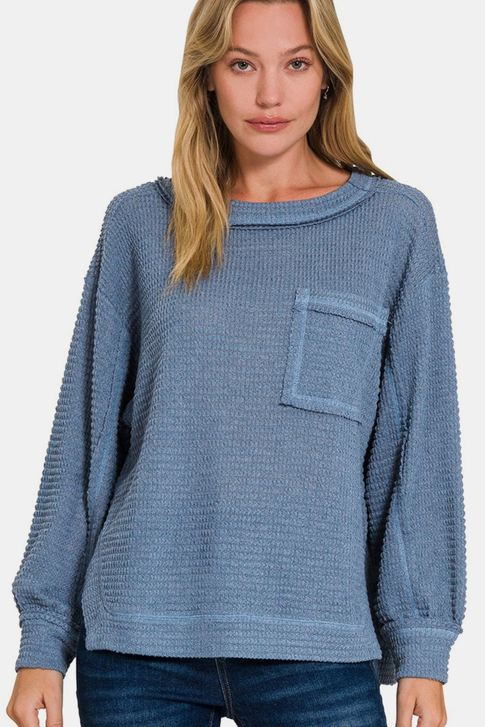 Exposed Seam Side Slit Long Sleeve Top in Dusty Blue