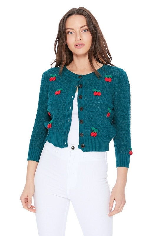 Cherry Crochet Pom Pom Cropped Cardigan