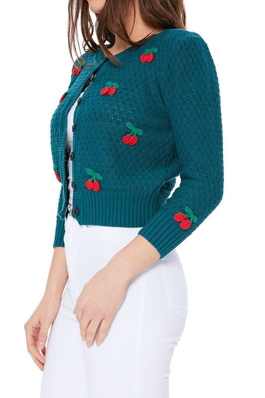 Cherry Crochet Pom Pom Cropped Cardigan