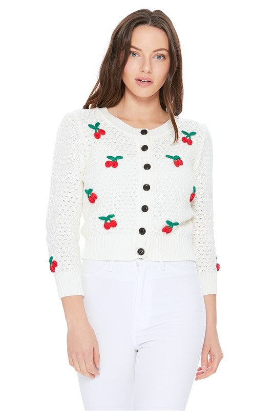 Cherry Crochet Pom Pom Cropped Cardigan