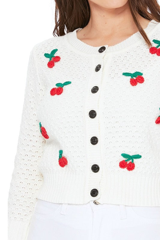 Cherry Crochet Pom Pom Cropped Cardigan