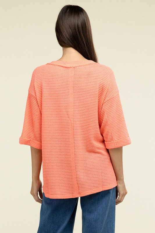 Sydney Brushed Waffle Exposed-Seam 3/4 Sleeve Top