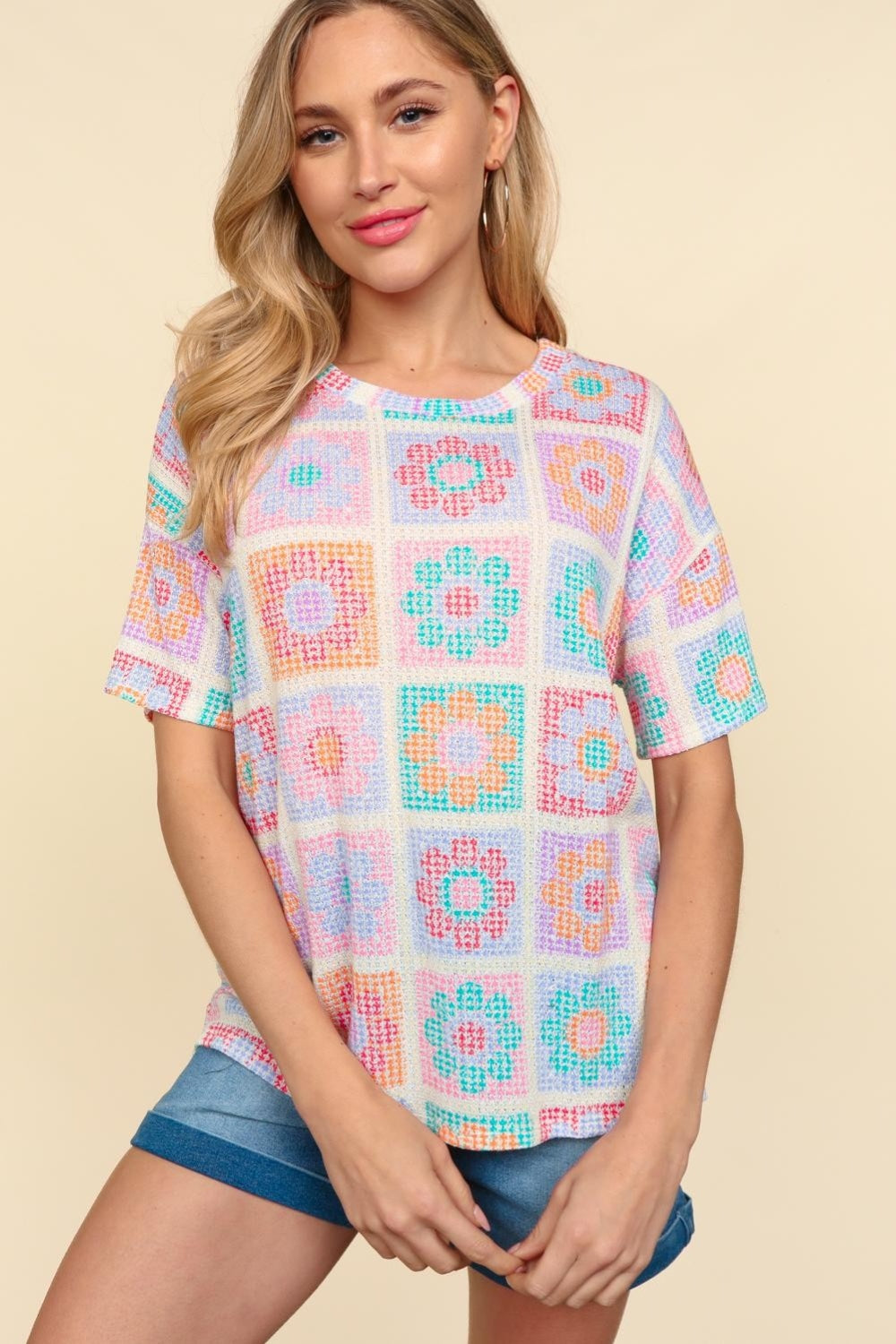 Flower Print Round Neck Short Sleeve Top