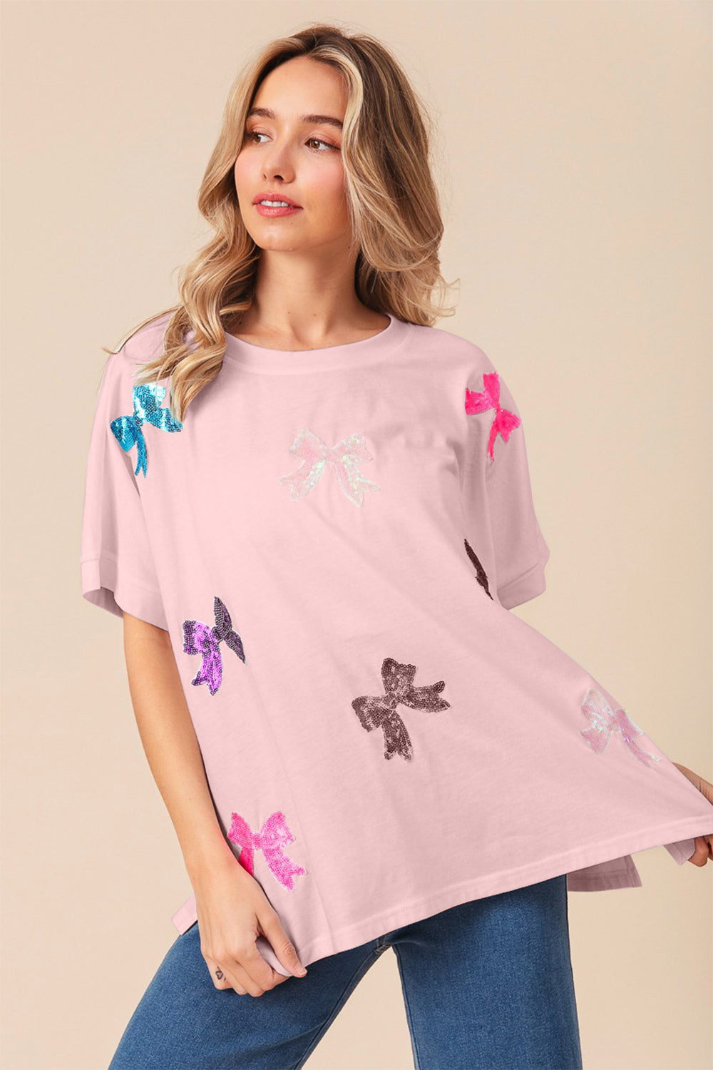 Sequin Bow Patch Short Sleeve Top in Pink