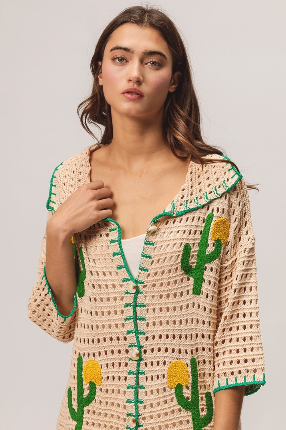 Edge Stitched Cactus Patch Sweater Cardigan
