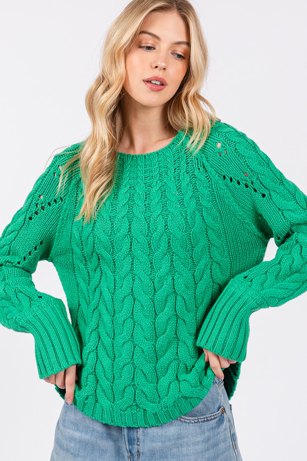 Cable-Knit Long Sleeve Sweater in Emerald