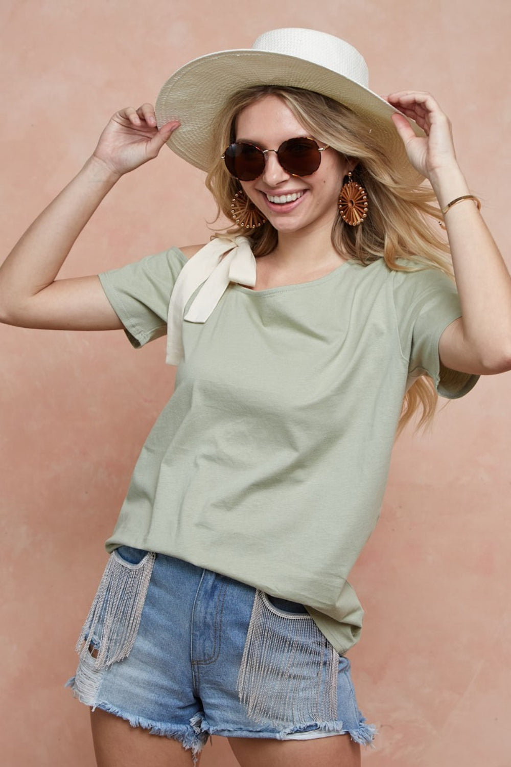 Tied Ribbon One Shoulder Short Sleeve Top