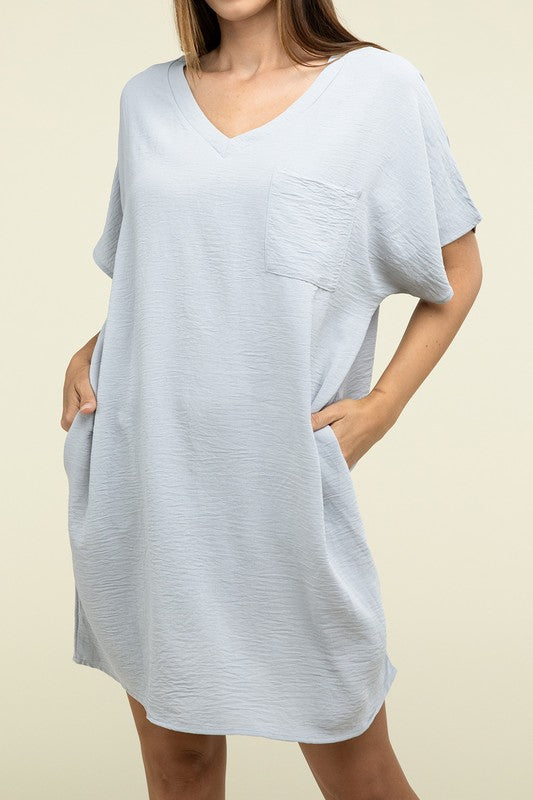 Darcy Woven V Neck T-Shirt Dress with Pockets