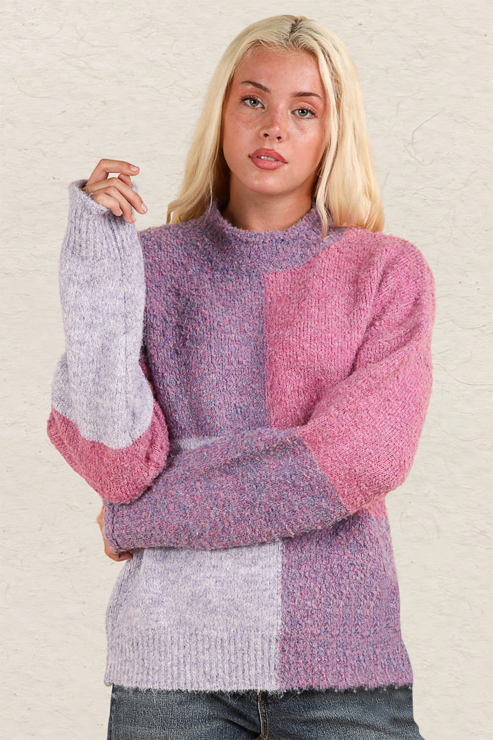 Kathy Color Block Mock Neck Drop Shoulder Sweater