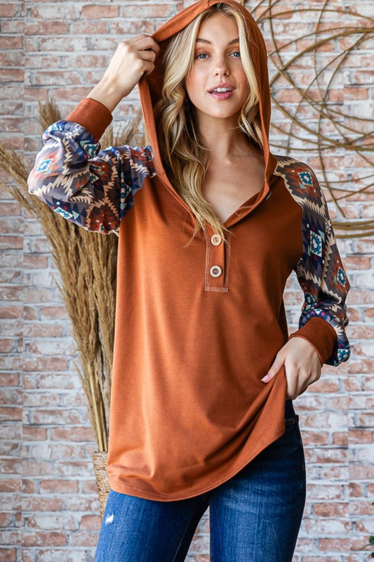 Reagan Half Button Printed Hooded Top in Mocha Brown