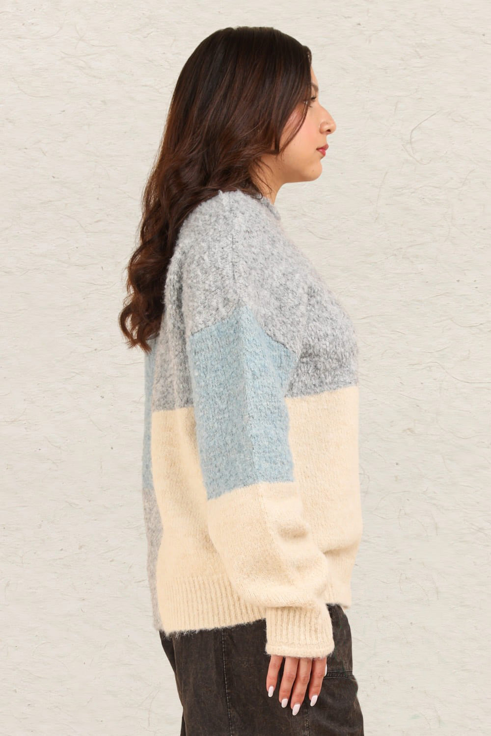 Kathy Color Block Mock Neck Drop Shoulder Sweater in Grey