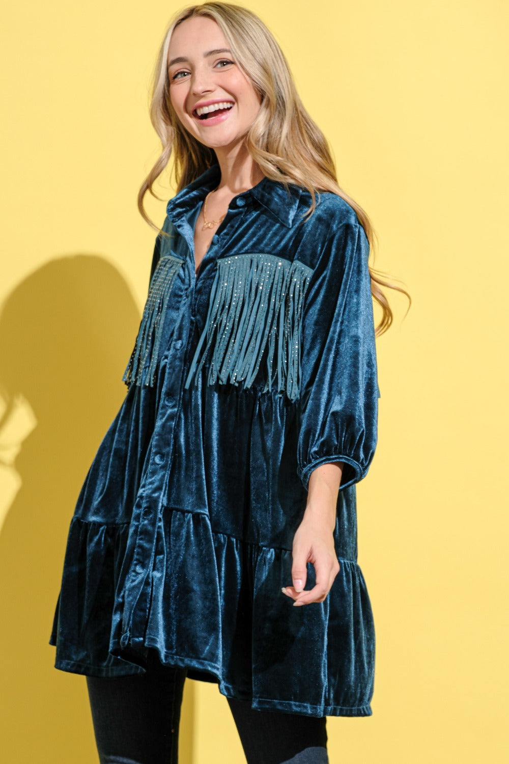 Anya Fringe Detailed Velvet Shirt Dress in Teal