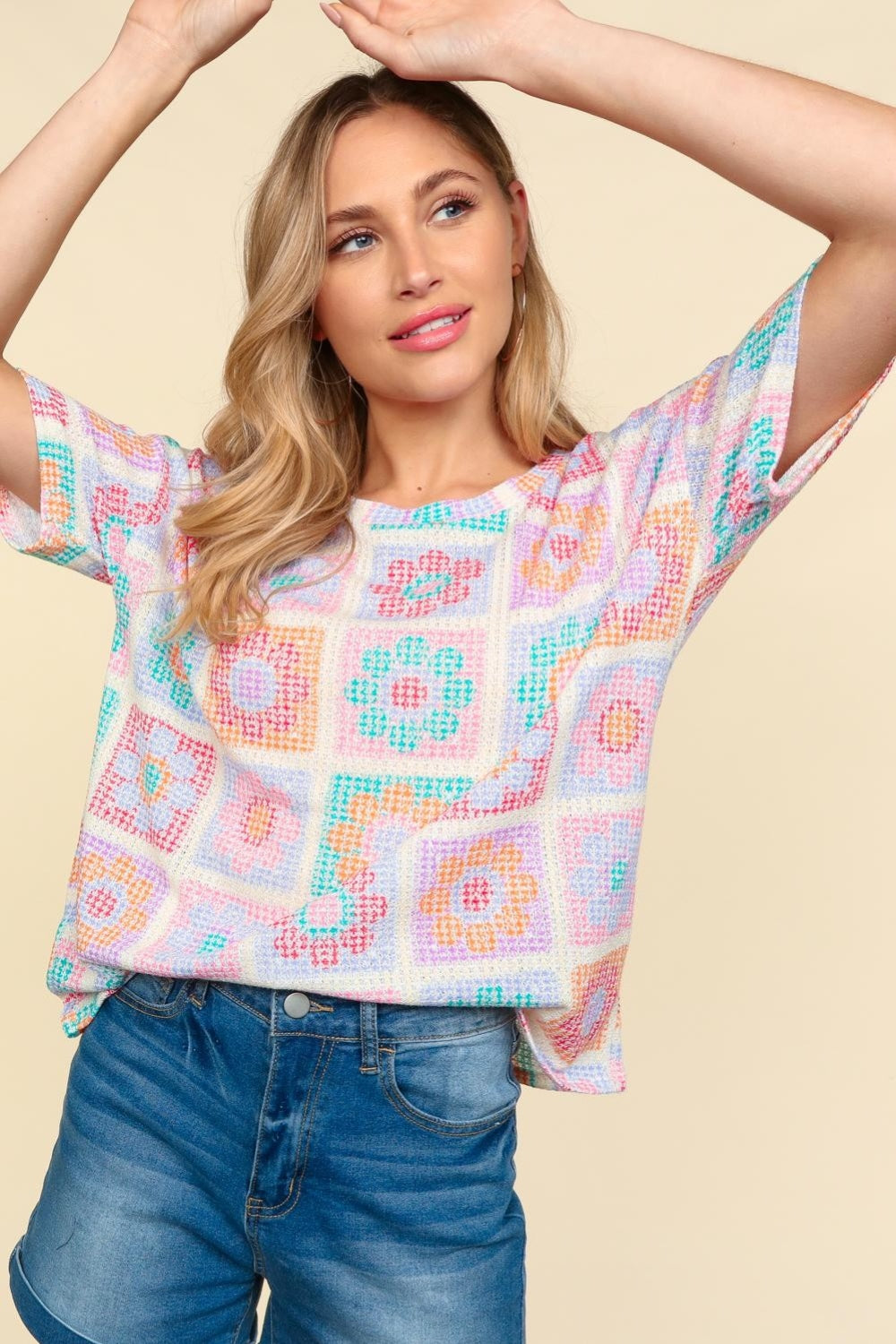 Flower Print Round Neck Short Sleeve Top