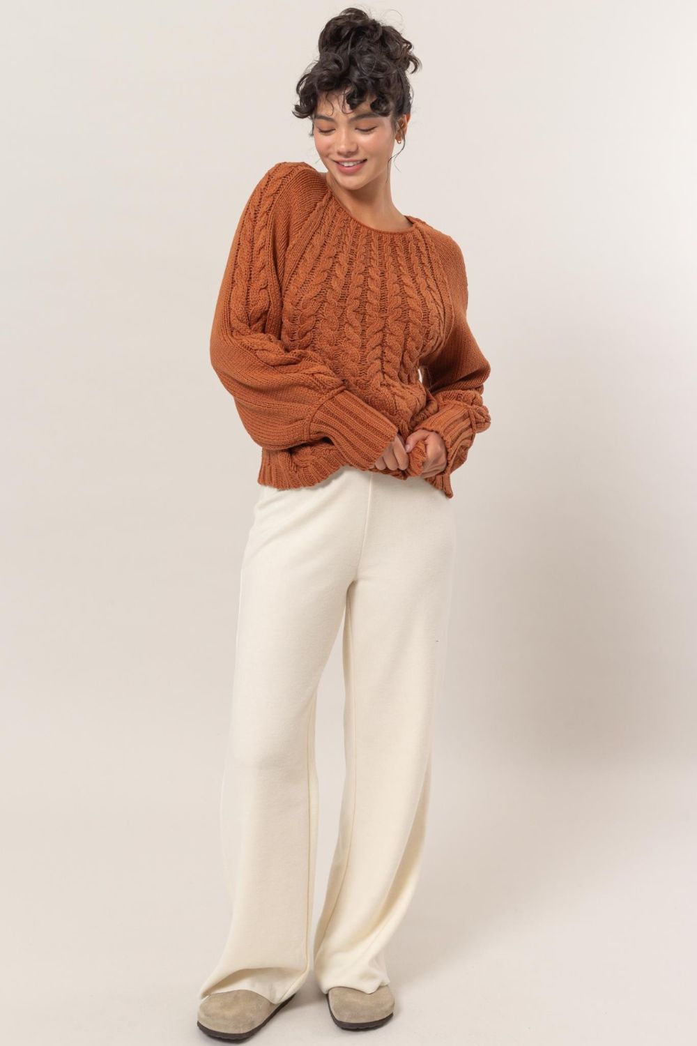 Corrie Cable-Knit Round Neck Raglan Sleeve Sweater