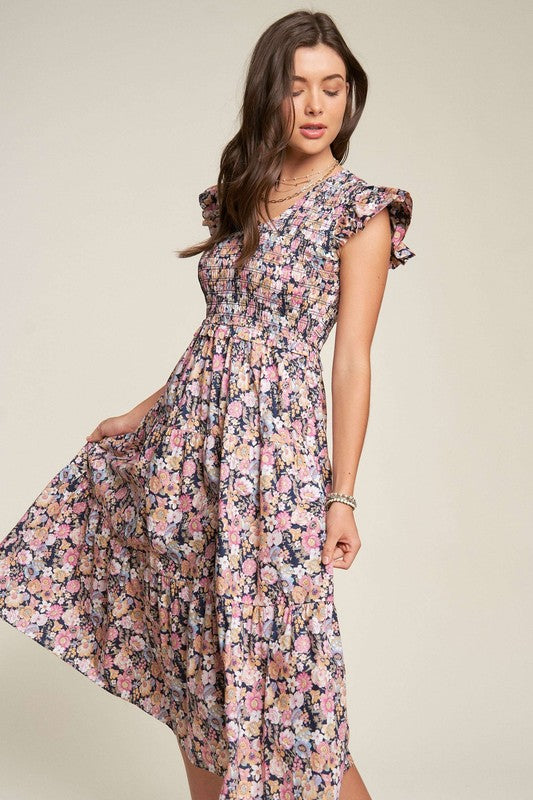 Marlena Floral Flutter Smocking Midi Dress