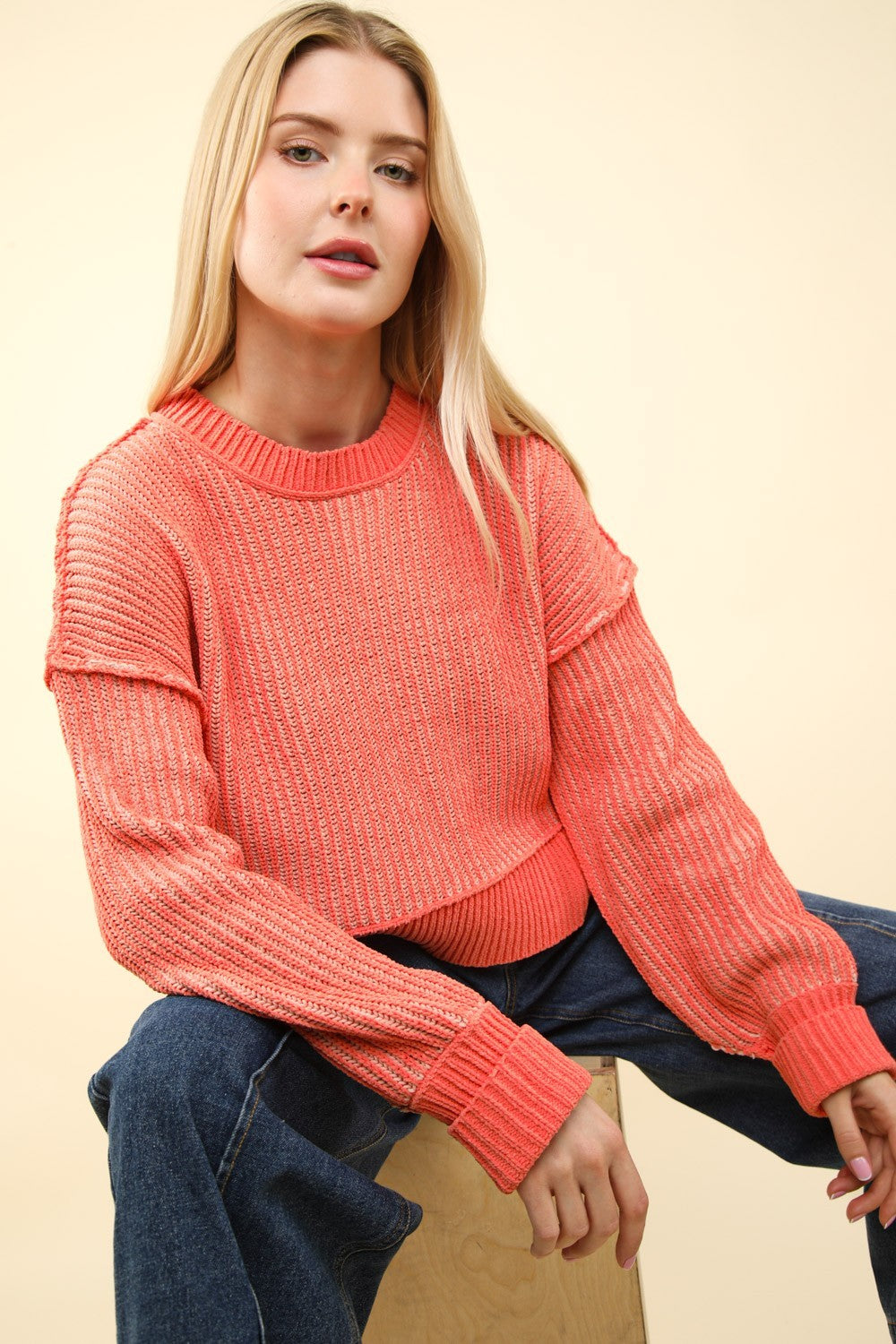 Exposed Seam Cropped Striped Slit Sweater