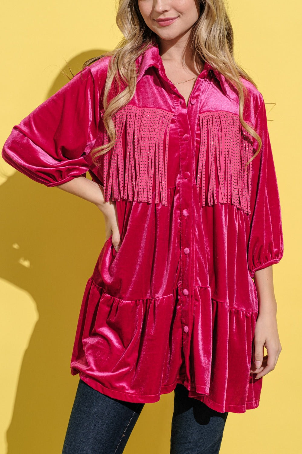 Anya Fringe Detailed Velvet Shirt Dress in Magenta