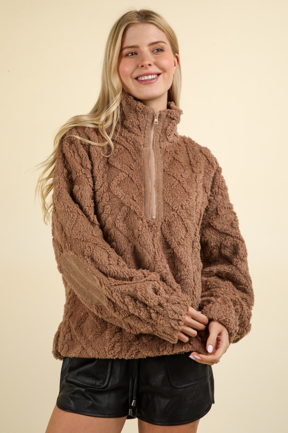 Fuzzy Fleece Half Zip Cable Pattern Sweatshirt