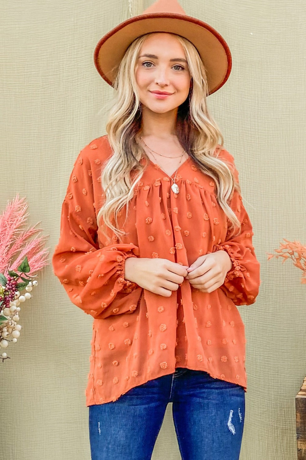 Swiss Dot V Neck Balloon Sleeve Blouse