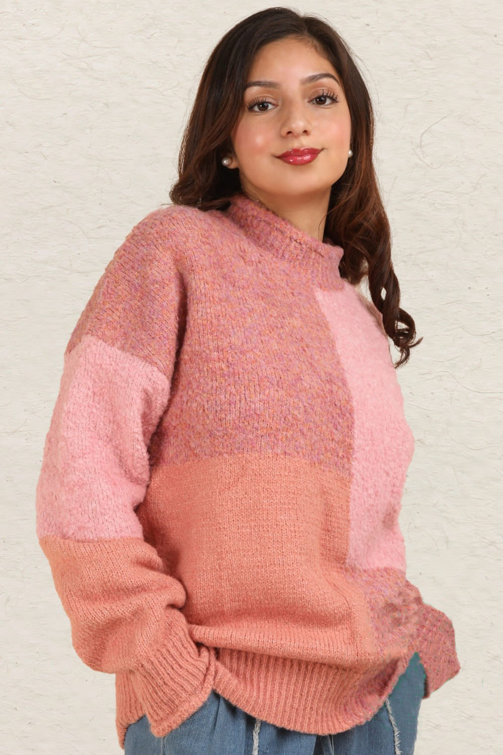 Kathy Color Block Mock Neck Drop Shoulder Sweater in Pink