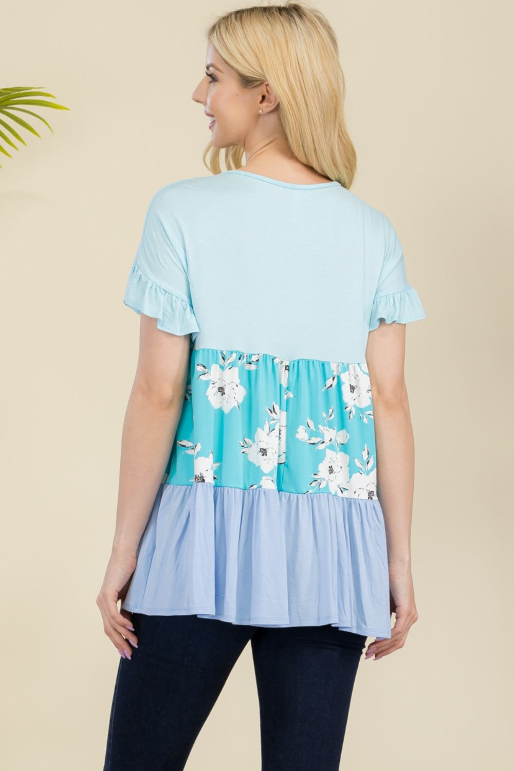 Amy Floral Color Block Ruffled Top