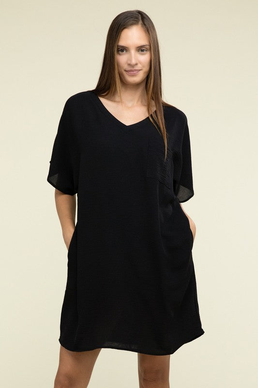 Darcy Woven V Neck T-Shirt Dress with Pockets