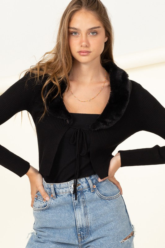 Trisha Fur Trim Tie Front Ribbed Cardigan