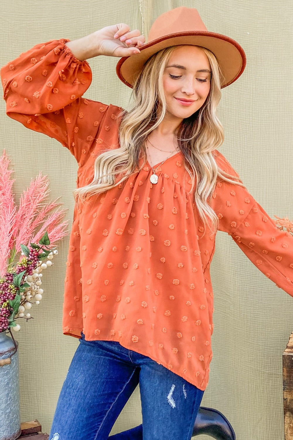 Swiss Dot V Neck Balloon Sleeve Blouse