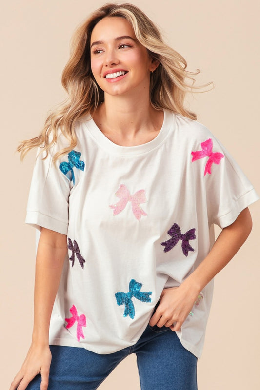 Sequin Bow Patch Short Sleeve Top