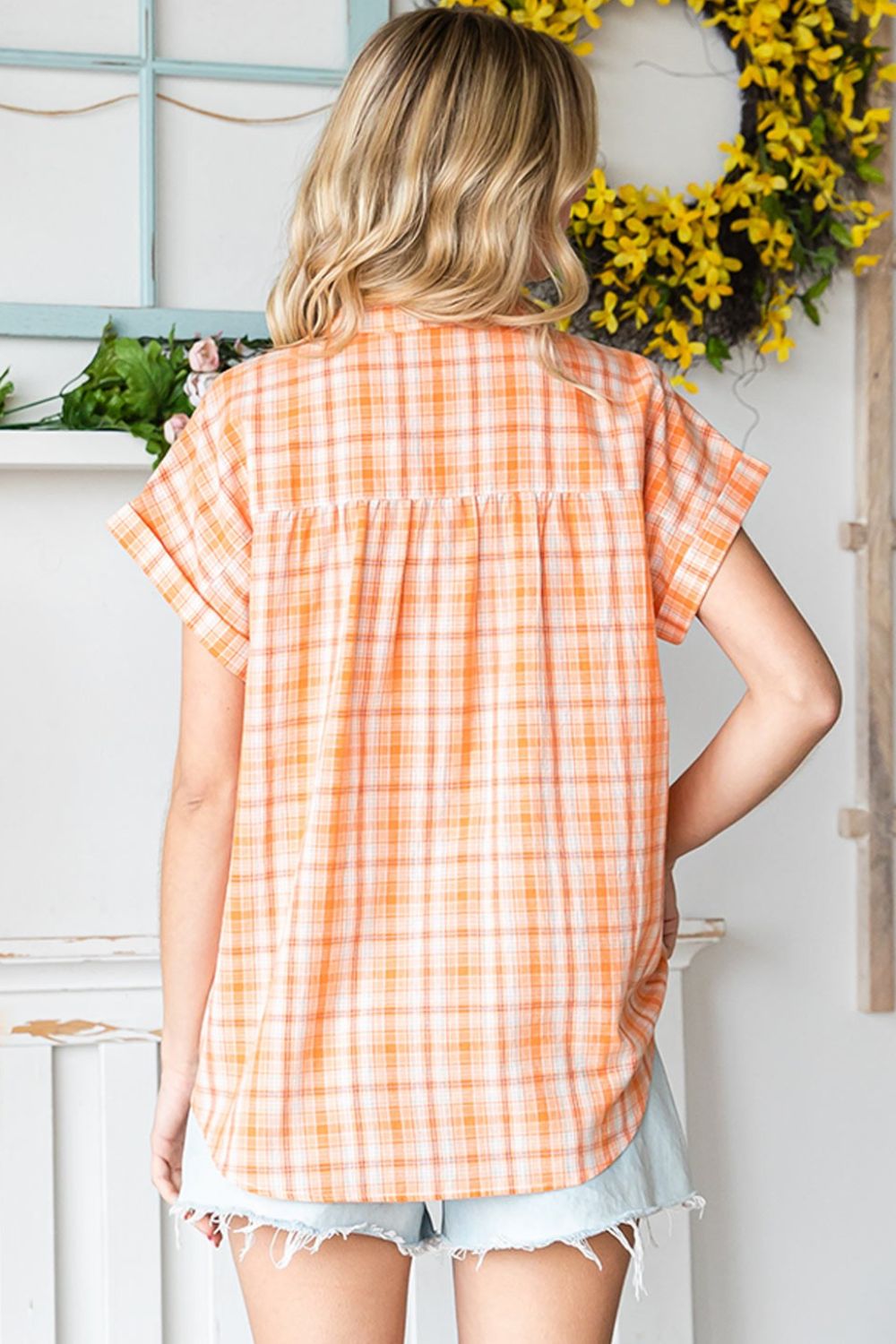 Darby Plaid Button Up Short Sleeve Shirt in Orange