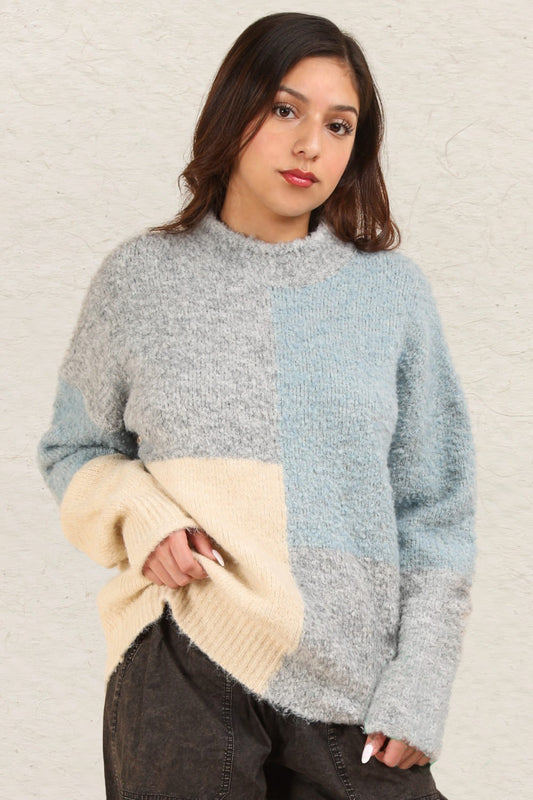 Kathy Color Block Mock Neck Drop Shoulder Sweater in Grey