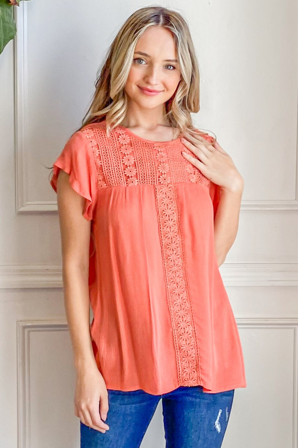 Stephanie Lace Ruffle Short Sleeve Top