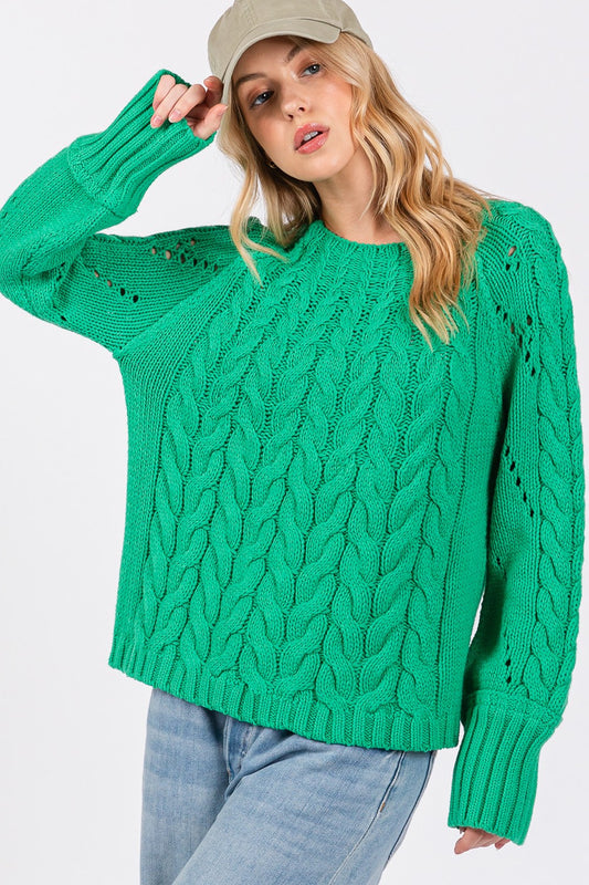 Cable-Knit Long Sleeve Sweater in Emerald